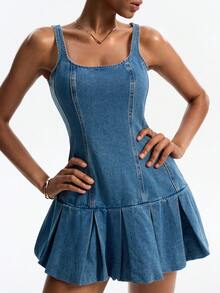 DAZY Vestido de mezclilla casual y sexy de unicolor con cintura ajustada y fruncido para mujer, para otoño, vacaciones, natación, pastel y escuela - Azul - Ver 8