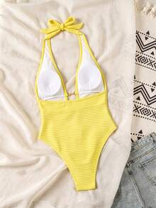 Swim SXY Springbreak 女款黃色羅紋針織提花面料鏤空深背V領掛脖高衩泳裝，適合海灘度假、泳池派對、溫泉海灘，性感辣妹風休閒連身泳衣，女款連身泳裝，波希米亞風節慶款 - 黃色 - 查看 2