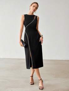 MOTF PREMIUM FAUX PEARL DECORATED HOLLOW OUT SLEEVELESS HIGH SLIT HEM DRESS - Black - View 4