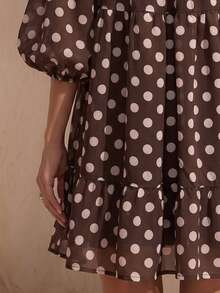 SHEIN LUNE Polka Dot Off-Shoulder Elastic Ruched Ruffle Puff Sleeve Fashion Versatile Women's Short Dress - Multicolor - View 5