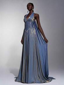 Elitara Elegant Romantic Fashion Shiny Organza Fabric Ruched Decor Halter Neck Large A-Line Elegant Party Dress Wedding Guest Dress Pink Dress Fashion Elegant Wedding Evening Gown Formal Dinner Dress - Dusty Blue - View 6