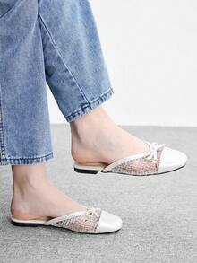 CUCCOO BIZCHIC French Style Flat Slide Sandals For Women, Summer Versatile New Bowknot Woven Closed Toe Mules Spring Shoes - White - View 5