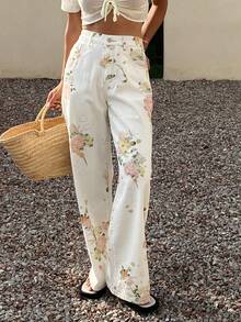 Livesso Women's Loose Straight-Leg Jeans With Floral All-Over Print, Suitable For Summer, Autumn And Spring, Casual Business Office Wear Vacation - White - View 2