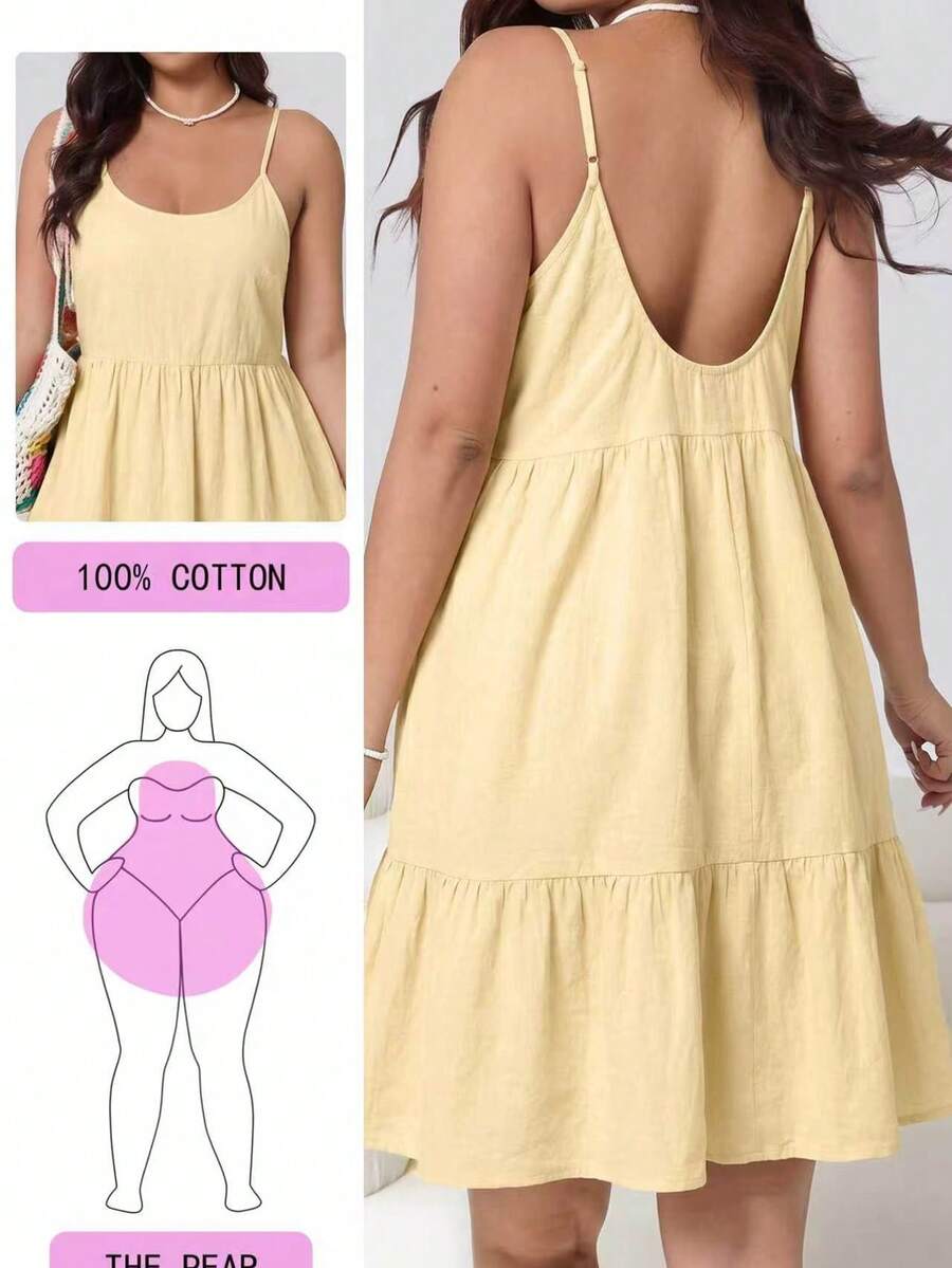 Solflare Butter Yellow Plus Size Women's Ruffle Hem Cami Dress Spring Summer Beach Vacation Casual - Apricot - View 1