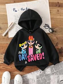 THE POWERPUFF GIRLS X SHEIN Moletom com Capuz de Manga Longa e Estampa Gráfica Casual para Menina, Adequado para Outono/Inverno - Preto - Visão 7