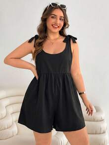 Solflare Plus Size Women's Solid Color Shoulder Knot Sleeveless Romper - Black - View 6