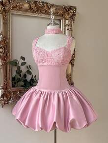 Lovelzi Elegant Romantic Fashion Sweet Pink Floral Bud Short Dress With Floral Lace Patchwork And Satin, Featuring Lace Collar, Suitable For Bachelorette Party, Wedding, Graduation, Homecoming And Other Formal Occasions - Pink - View 7