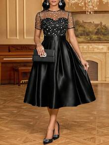 SHEIN Lady Women's Slim Fit Tulle Patchwork Polka Dot Pattern High Waist Midi Dress Suitable For Parties - Black - View 4