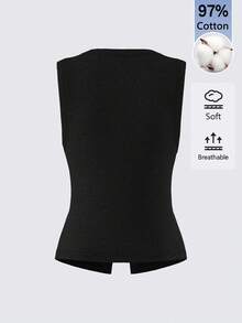 SHEIN BASICS 女款素色修身百搭日常休閒上衣 - 黑色 - 查看 8