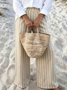 Vaclyn Women's Casual Vacation Style Striped Wide Leg Loose Long Pants - Khaki - View 4