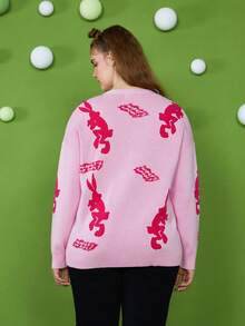 LOONEY TUNES X SHEIN 大碼字母&卡通圖案落肩袖開襟衫 - 粉色 - 查看 2