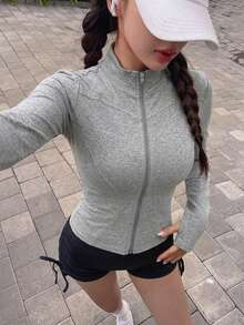 DAZY 女款素色彈性小立領修身長袖夾克運動休閒春秋冬 - 灰色 - 查看 3