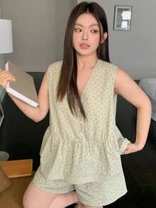Dazy Plus 夏季碎花拼接无袖上衣和宽松短裤套装，休闲可爱女童睡衣，大码，绿色 - 薄荷綠 - 查看 6