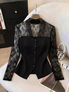 SHEIN Franclia 女款對比色蕾絲鈕扣門襟長袖優雅上衣 - 黑色 - 查看 1