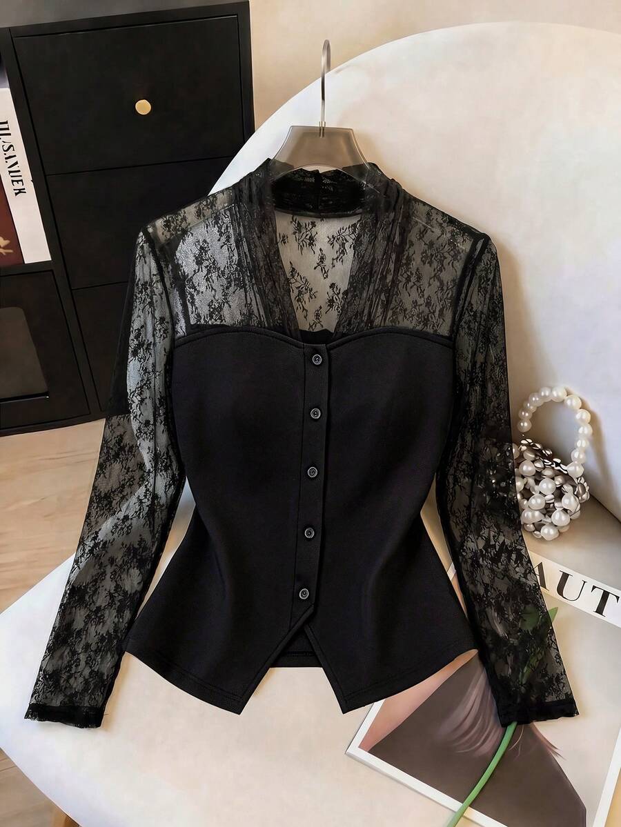 SHEIN Franclia 女款對比色蕾絲鈕扣門襟長袖優雅上衣 - 黑色 - 查看 1