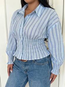 SHEIN EZwear 大尺碼女款條紋單排扣腰部抽褶設計顯瘦長袖襯衫 - 彩色 - 查看 4