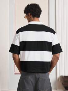 SWAVVY Men's Summer Casual Loose Fit POLO Shirt Standard Size Black And White Color Block Patchwork Half-Zip Embroidered - Black and White - View 4