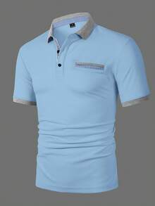 Manfinity Homme Kemeja Polo Lengan Pendek Pria dengan Kerah, Cocok untuk Kantor, Jalan-jalan, dan Acara Kumpul-kumpul - Biru - View 4
