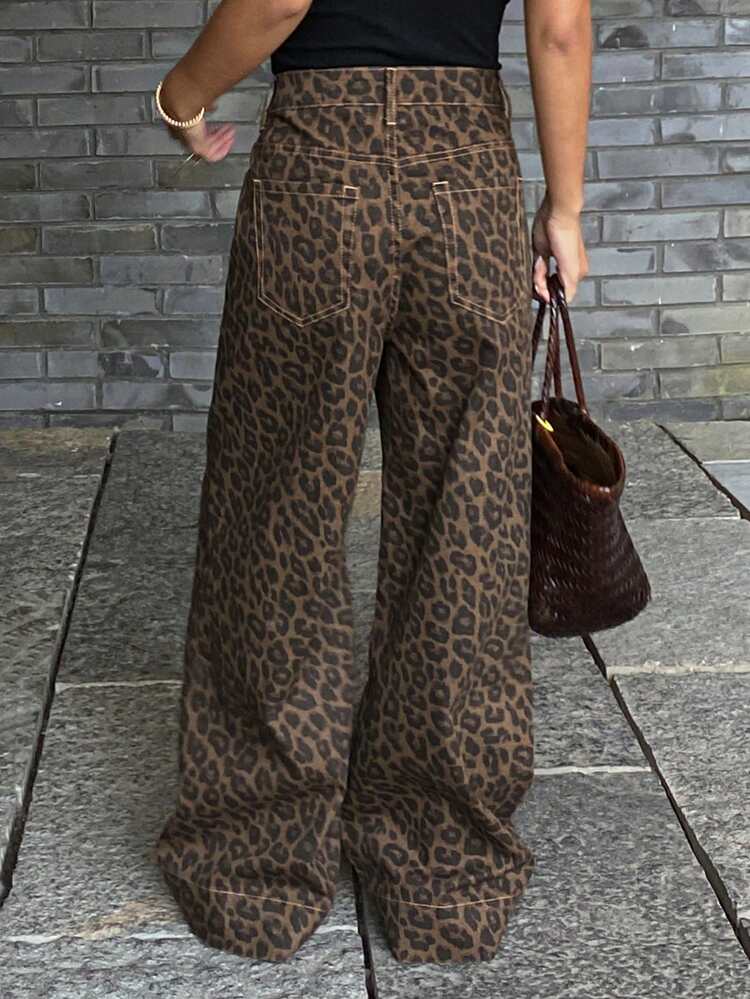 Women's Leopard Print Casual Loose Straight Leg Jeans