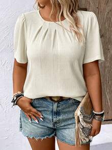 Momelise Blusa casual de mujer de talla grande lisa y sencilla de manga corta y cuello redondo para uso diario - Albaricoque - Ver 4