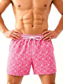 Manfinity Swimmode Men's Floral Print Drawstring Waist Beach Shorts, Holiday - Pink - View 7