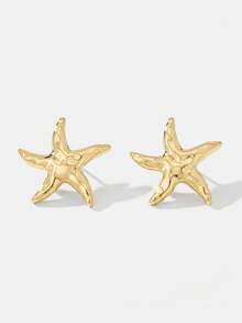Lumivelle 1pair Stylish Elegant Asymmetrical Starfish Stud Earrings With Ocean Theme - Yellow Gold - View 2