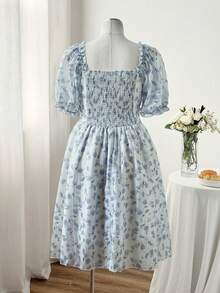 Sweetra Plus Size Elegant Floral & Plaid Print Tie-Waist Dress, Suitable For Spring/Summer Vacation - Blue - View 2