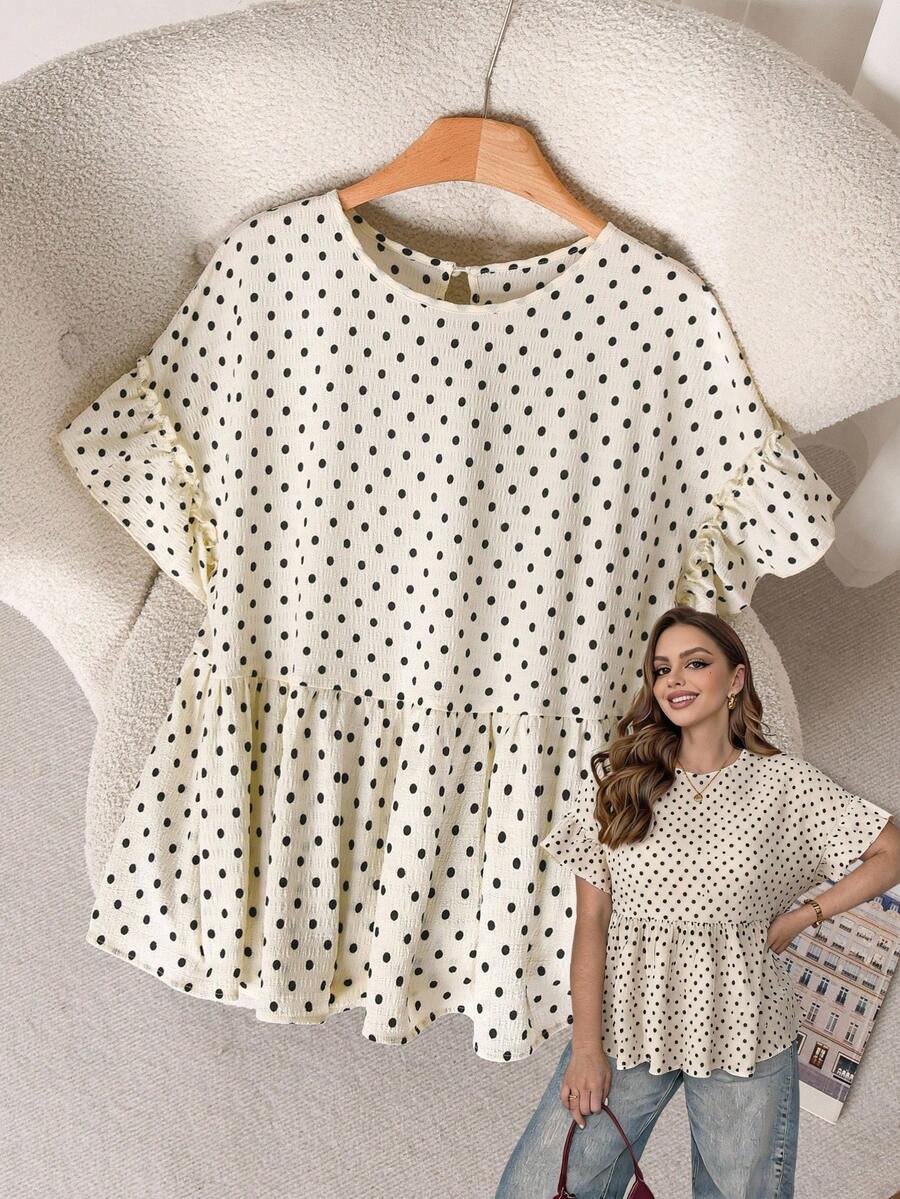 CosyJoli Plus Size Women Casual Elegant, Beige Blouse, Short Sleeve , Cute Summer Tea Party