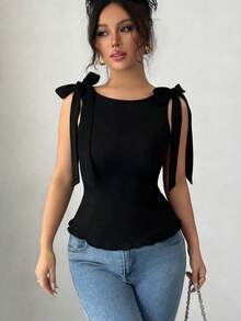 Selianne Top sin mangas con nudo en el hombro de unicolor para mujer - Negro - Ver 1