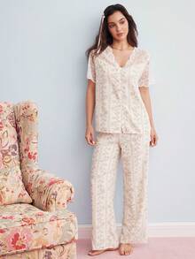 Elorette Conjunto de pijama con hombros descubiertos, manga corta, encaje floral de glicinia y parches semitransparentes - Albaricoque - Ver 4