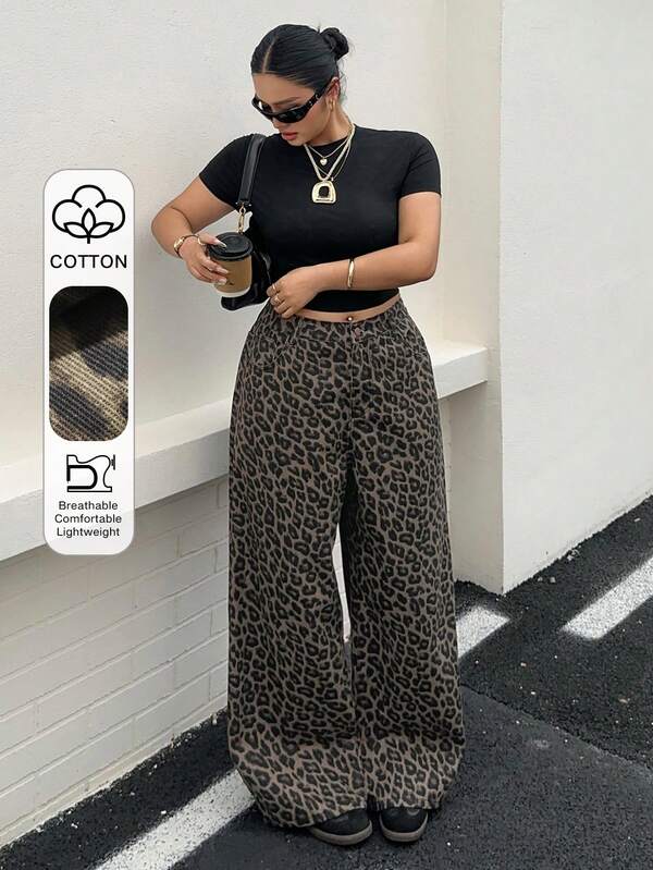 Dazy Plus Quần jeans ống đứng họa tiết da báo dành cho nữ cỡ lớn, phong cách đường phố năng động, phù hợp cho mọi mùa.