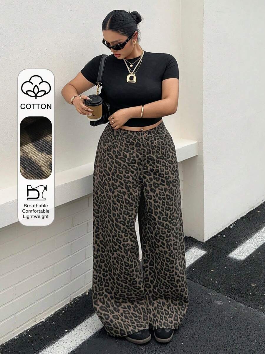 Dazy Plus 大尺碼女款豹紋直筒牛仔褲,休閒街頭風,適合四季校園穿搭 - 卡其色 - 查看 1