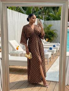 SHEIN Lady Plus Size Elegant Brown Polka Dot Robe, Summer All-Over Print Deep V-Neck Slit High Waist Vacation Dress, Tropical Hawaiian Style - Multicolor - View 5