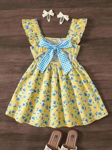 Young Girl Casual Daily Cute Lemon Print Flutter Sleeve Back Bow A-Line Dress Suitable For Vacation Young Girl - Multicolor - View 5