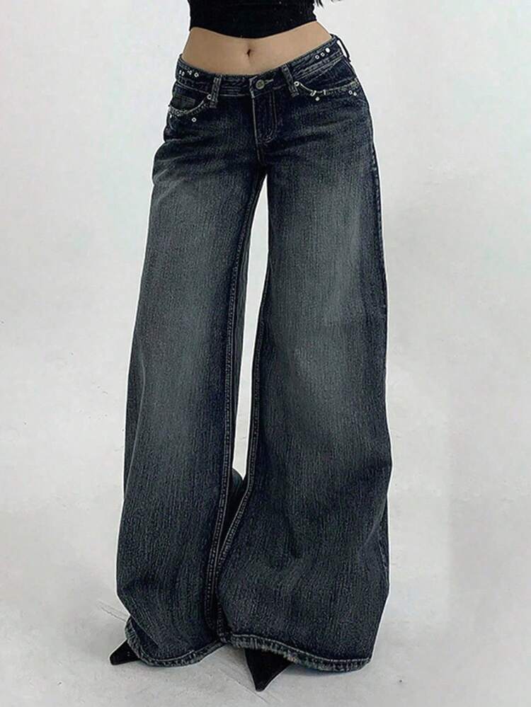 Tall Women's Elegant Bell-Bottom Jeans With Rivet Decor, Sexy Casual