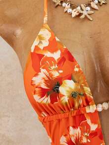 Swim SXY Bonvoyette 女款優雅性感紅色花卉兩件式比基尼套裝，花卉印花掛脖泳衣搭配透視網紗罩衫迷你裙，深 V 領 - 橘色 - 查看 7