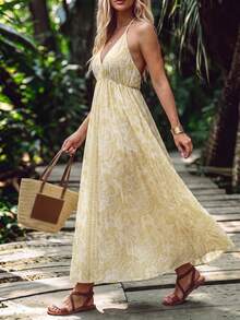 SHEIN LUNE CURVE Plus Size Women's All-Over Print Pleated Casual Boho Party Beach Vacation Halter Neck Tie Dress Yellow Summer - Yellow - View 3