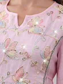 Al Najma Vestido de estilo árabe con bajo acampanado bordado y con cuentas de colores, cuello redondo y mangas de campana - Rosa - Ver 11