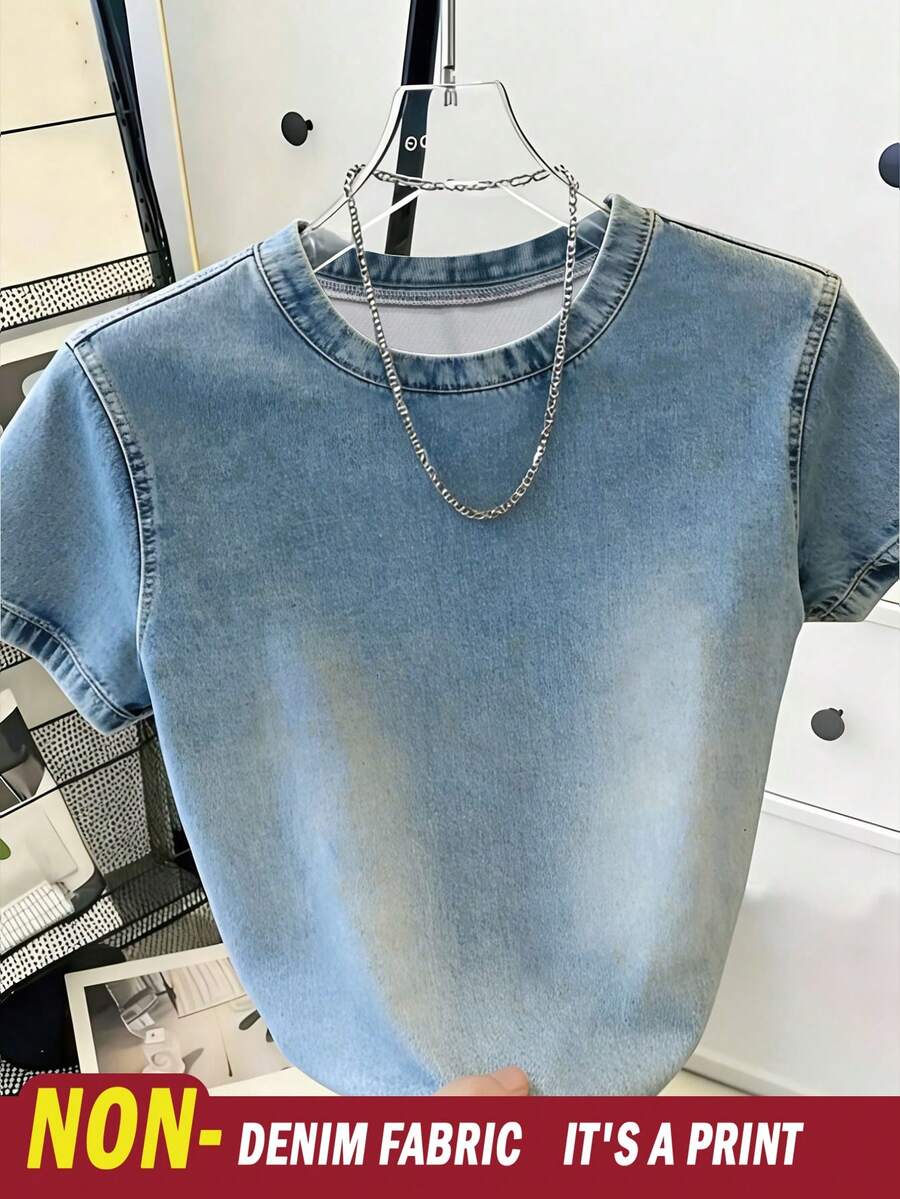 SHEIN Casual Denim Effect Print Short Sleeve T-Shirt, Summer - Multicolor - View 1