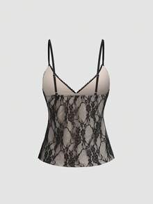 Sweetra Damen Frühling/Herbst Ausgeh-Tops, elegantes süßes sexy elegantes Urlaubs-Stil Spitzen-Design Cami Tank Top - Schwarz - Übersicht 2