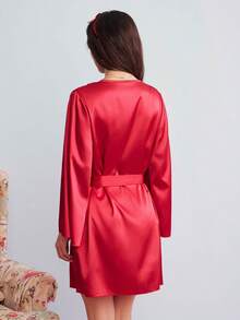 Elorette 女士撞色蕾丝长袖纯色优雅睡袍，奢华家居服，舒适优雅细节，秋冬款 - 酒紅色 - 查看 6