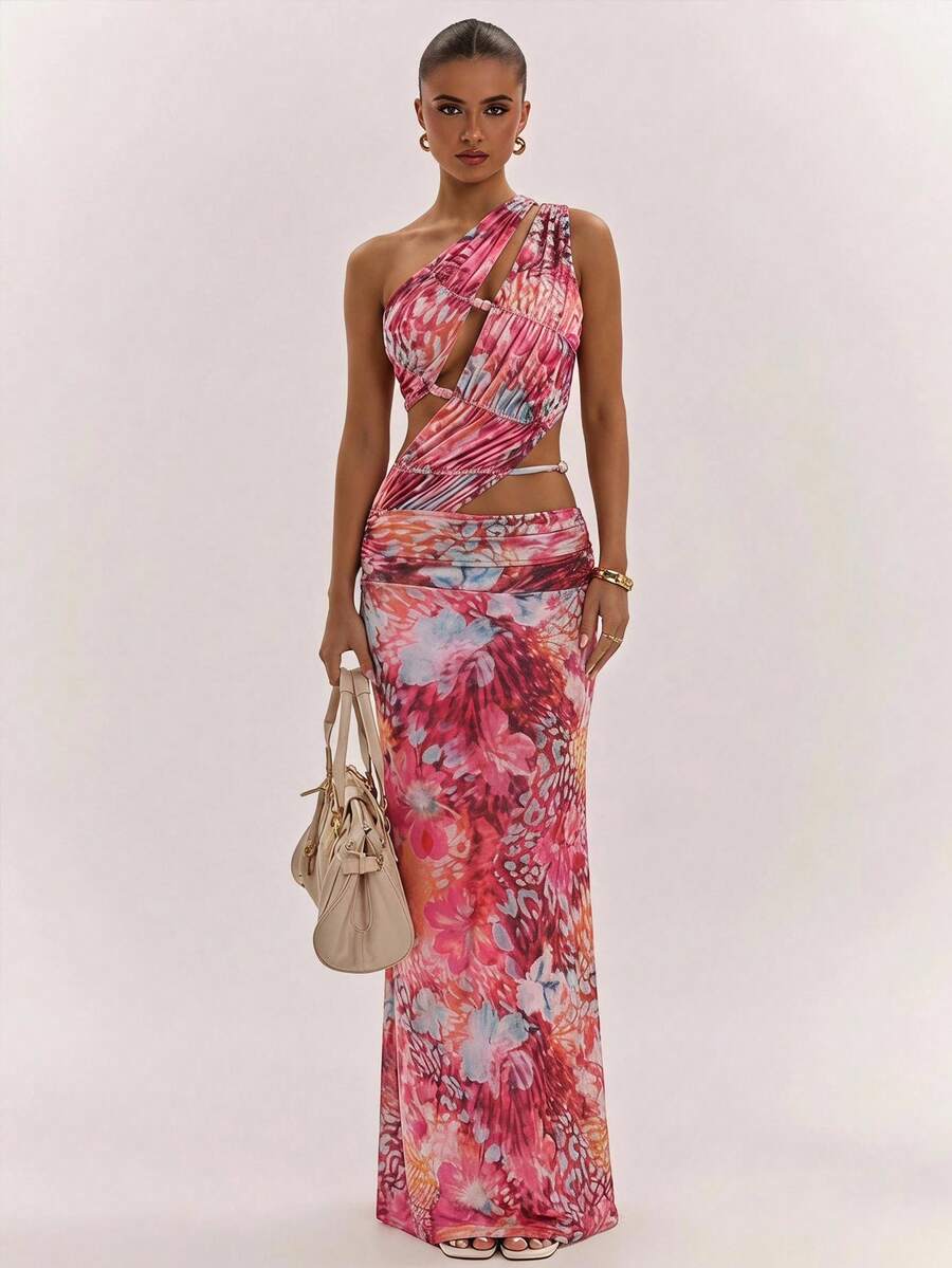 SHEIN BAE Women's Casual Boho Vacation Hollow-Out Mesh Floral Print Dress, Suitable For Beach, Sisters Leisure, Sexy Fuchsia Pink Floral Summer - Hot Pink - View 1