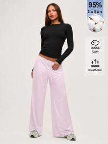 SHEIN BASICS 女款抽繩腰條紋寬腿鬆身長褲休閒居家褲 粉色與白色條紋秋季 - 粉色 - 查看 5