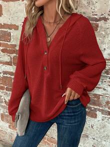 SHEIN Clasi Sudadera casual versátil de uso diario con capucha y cordón de unicolor para mujer talla grande - Rojo - Ver 5