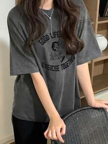 DAZY 女款圓領圖案印花對比蕾絲袖口短袖T恤 春夏 - 灰色 - 查看 6