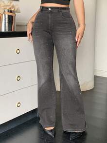 Dazy Plus Plus Size Washed Black Distressed Elastic Fitted Sequin Decor Flare Leg Jeans - Grey - View 3