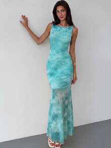 Aloruh Spring/Summer Vacation Floral Print Long Dress Backless Dress Elegant Party - Dusty Blue - View 5