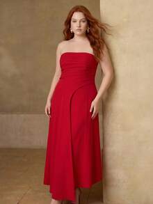 MOTF PREMIUM PLUS SIZE PLEATED STRAPLESS DRESS - Red - View 6