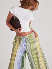 NYA SZN Pants Loose Wide Leg Striped Print Brunch Casual Everyday Going Out Party Special Occasion Travel Vacation Summer Statement Outfits For Women - Multicolor - View 3