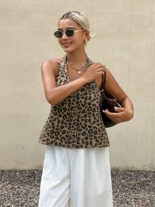 Livesso Women's Leopard Print All-Over Print Spaghetti Strap Backless Cropped Tank Top,  Music Festival, Casual , Vacation, Beach, Slim Fit Denim Top Summer - Brown - View 7